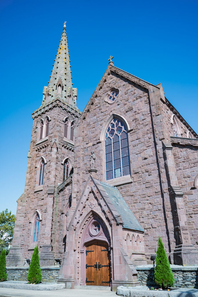 St. Mary’s Church exterior in Newport Rhode Island with Gothic stone architecture