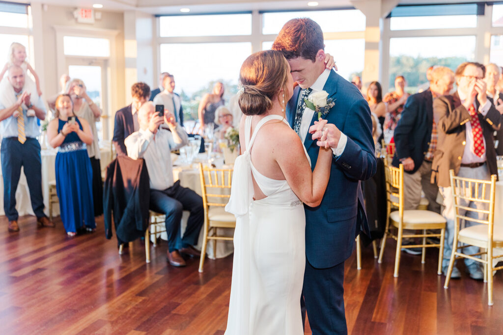 Bride and groom sharing their first dance inside the OceanCliff ballroom in Newport Rhode Island