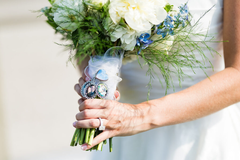 memorial photo charm attached to wedding bouquet