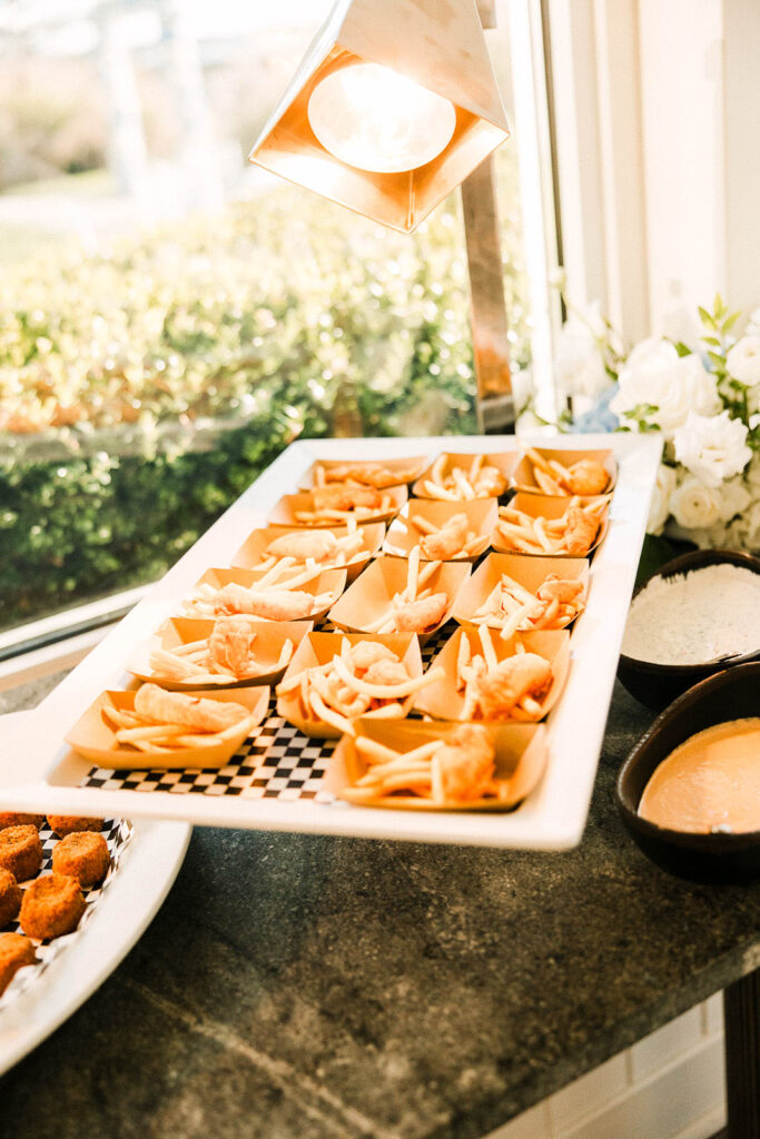 Passed hors d’oeuvres served during cocktail hour at Belle Mer wedding reception