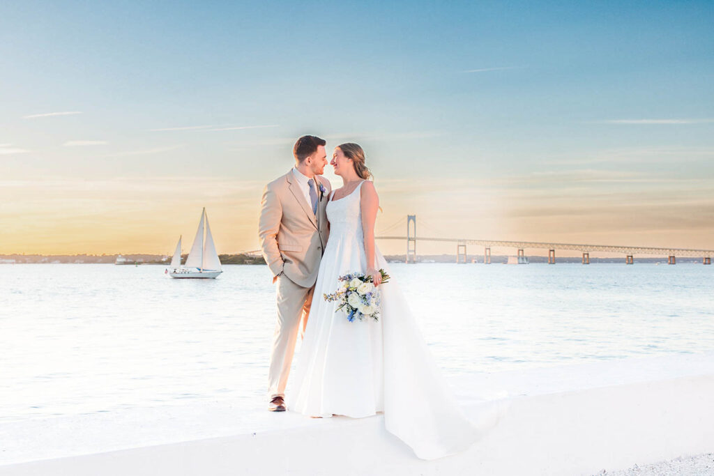 Bride and groom sunset portrait at Belle Mer in Newport Rhode Island