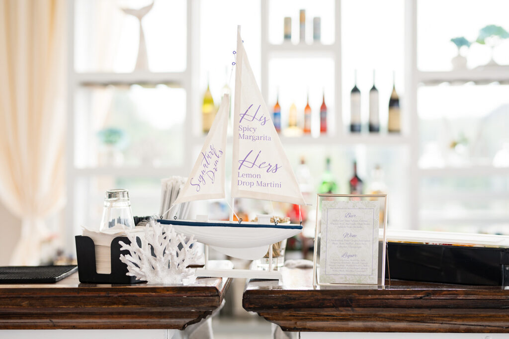 Signature drink display at an OceanCliff wedding reception in Newport