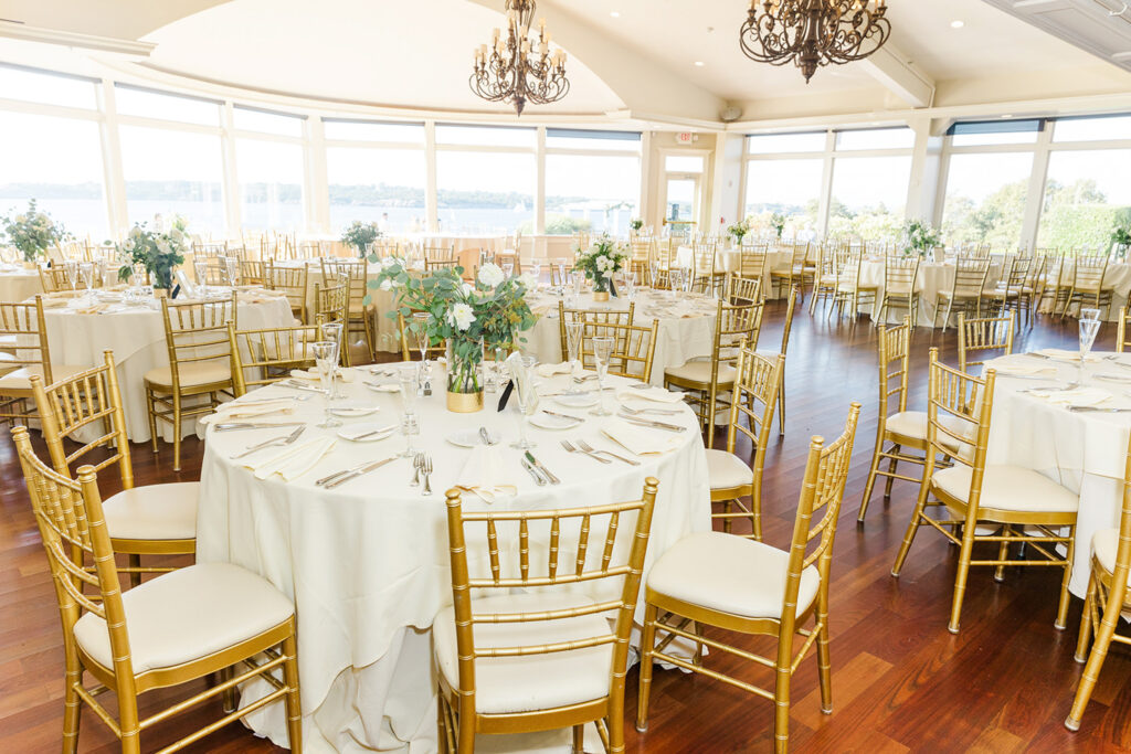 OceanCliff ballroom set for a wedding reception overlooking the water